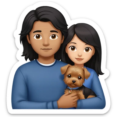 A couple holding holding a small Yorkshire Terrier together. The girl is an Asian girl with long, luscious wavy black hair (loose, no hair tie). She is standing beside a brown-skinned man with a short middle part haircut.  sticker