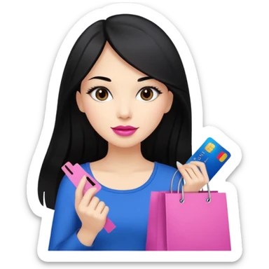 Girl with long black hair, pink lipstick, brown eyes holding shopping bags and blue credit card sticker
