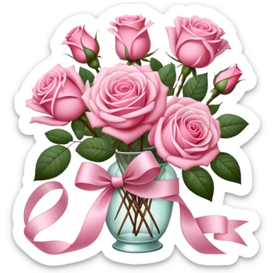 "An elegant still life featuring a collection of pink roses, ribbons, and vintage-style decorations, soft and airy." sticker