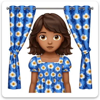 Teenage girl with golden brown skin, chocolate brown eyes, dark wavy hair with curtain bangs, and blue floral dress sticker