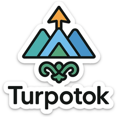 Colorful minimalist logo for Turpotok with a Kurai arrow, Ural Mountains, and Bashkir ornamentation. Text 'Turpotok' in a modern sans-serif font sticker