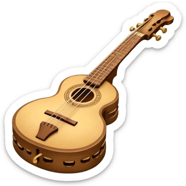 Create an elegant and traditional emoji representing a domra. The design should feature the round, wooden body of the domra with its distinct three or four strings. Include delicate details like the tuning pegs, the fingerboard, and the bridge. The wood of the domra should have a rich, warm tone, and the strings should be subtly highlighted to show their importance. Add a small musical note or two floating around to evoke the folk music it is used for. Use earthy tones like brown and gold to emphasize its classic, rustic feel. The background should be transparent. sticker
