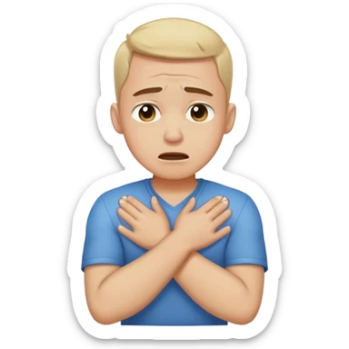 A guy with arms crossed and hands around neck crying  sticker