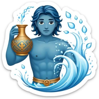 The zodiac symbol Aquarius. A mystical and beautiful water bearer, holding and pouring water into the sea from a large, intricate, and arcane vase sticker