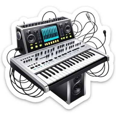 Create a professional and detailed emoji that represents sound design equipment. The design should feature a high-end Korg synthesizer, a sound mixing console, and a control panel with audio cables connecting to large studio speakers. Surround the equipment with sound waves made of musical notes to symbolize the creative process of shaping sound. Use sleek colors like silver, black, and neon accents to highlight the high-tech nature of the equipment. The background should be transparent. sticker