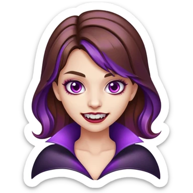 a girl with vampire teeth and brown hair with a little bit of purple  sticker