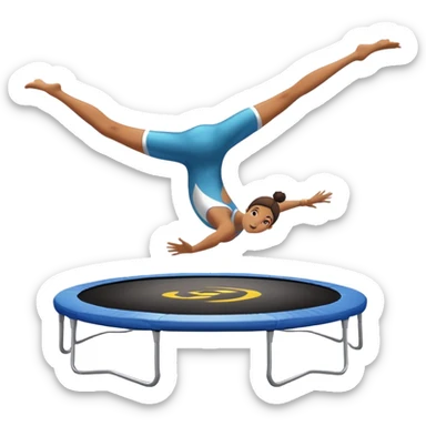 An athletic person soaring high above a trampoline, executing an acrobatic flip with perfect form. The scene captures motion and energy, with a dynamic pose, stretched limbs, and a focused expression. The background suggests a professional trampoline arena with safety padding. sticker