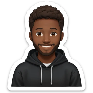 African yound man in his late 20s with a  bright smile with a short boxed beard, black hoody in Pixar cartoon style sticker