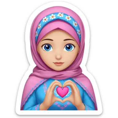 Turkish beautiful finish Konya girl blue eyes with mini floral hijab and lila blue pink dress and she make heart with hands sticker