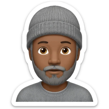 Middle-aged black male, gray goatee beard, wearing a gray knit beanie sticker