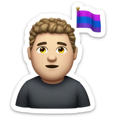 A chubby/muscular white man with half-slanted eyes and hair style with a parting on the left side holding the bisexual flag sticker