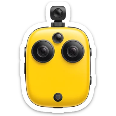 Insta360 camera emoji, back view, yellow body with black details, minimal sticker