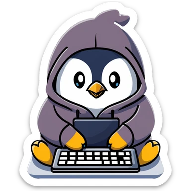 A cute penguin wearing a cozy hoodie typing on a computer keyboard sticker