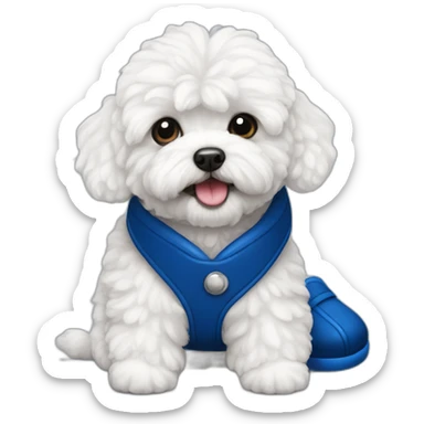 white maltipoo with dark blue slipper in his mouth sticker
