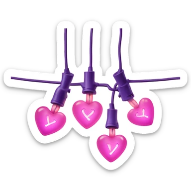Realistic string lights with pink and purple bulbs in the shape of a heart and a power plug in on the end of the lights. sticker
