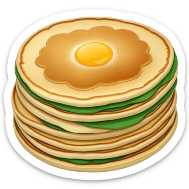 Shanghai Cong You Bing scallion pancake with visible layers, simplified emoji style with bold outlines and bright colors, cartoon style fried breakfast snack sticker