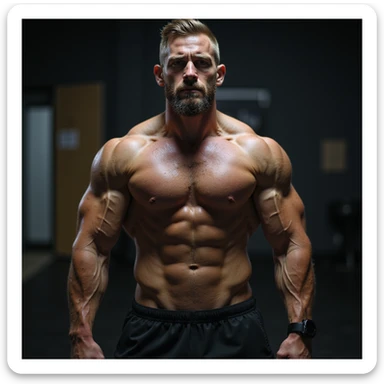 realistic 4K photo of a crossfit male athlete with lean and defined muscles, improved posture, intense lighting, modern gym background, energetic atmosphere sticker