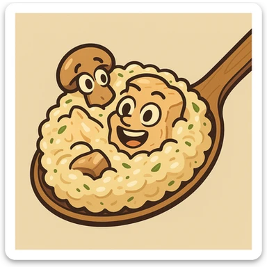 cartoon spoonful of chicken mushroom risotto, creamy texture, with herbs, cute and fun sticker