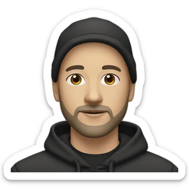 bald (white) man with black (short) beard and no glasses in a black hoodie wearing a light beige cap sticker