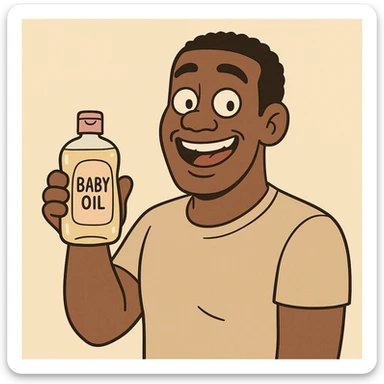 A Black man smiling and holding baby oil, cartoon illustration, minimal background sticker