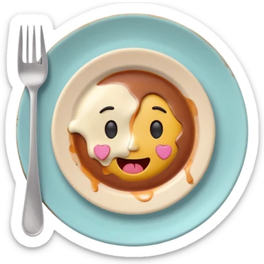 Cute 3D emoji of a dirty plate after eating, leftover food scraps, sauce stains on the plate, small fork and spoon resting on the plate, slightly messy but funny, soft pastel colors, rounded shape, clean background, kawaii style, expressive and playful, high quality, emoji style sticker