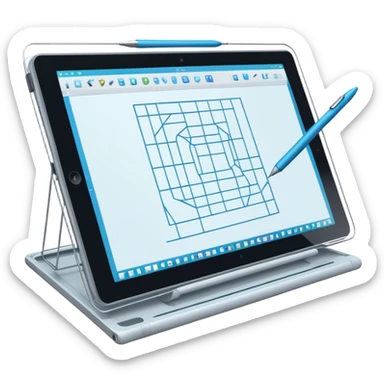 Create an emoji for 3D visualization and modeling. Show a large graphic tablet with a stylus drawing in a 3D modeling program, displaying a wireframe model that pops out from the screen. Use modern, professional colors. Do not include any emojis or smiley faces. Make the background transparent. sticker