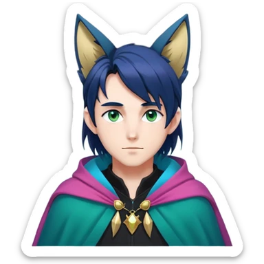 anime man with straight long dark-blue-black-gradient hair, long black fox ears with pink Scapha, hazel-gradient-brown-turquoise eyes, gold earring, dark-blue-sweater, green cape,  sticker