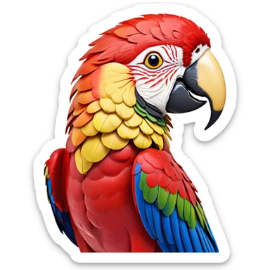 Cinematic Realistic Noble Macaw Portrait Emoji, Poised and majestic, with a robust, vibrant build and meticulously detailed plumage in scarlet, deep blue, and touches of gold, a strong, curved beak and piercing, intelligent eyes, rendered with lifelike feather texture and natural lighting, high shine, commanding and regal, styled with an air of tropical authority, focused and attentive, soft glowing outline, capturing the essence of a watchful and confident macaw that appears ready to soar out of the screen with effortless splendor! sticker