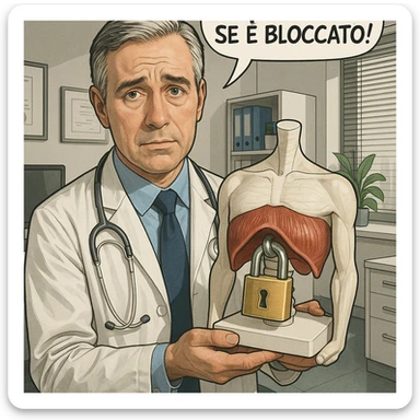 hyper realistic doctor with an anatomical model of a diaphragm locked with a padlock, empathetic expression, comic style with the phrase 'Colpa dello stress se è bloccato!', realistic details, modern medical office sticker
