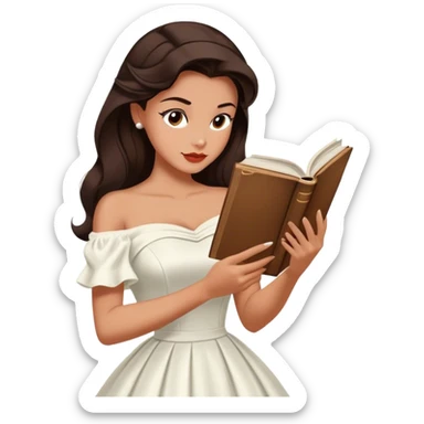 Beautiful woman in 1950’s woman fashion look, off-shoulder white dress, long dark brown hair, reading  sticker