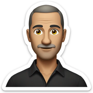 A middle-aged Italian man with olive-toned skin and a confident demeanor, sporting a buzz cut and no facial hair. He is wearing a sleek black smart shirt, casually unbuttoned at the top. sticker