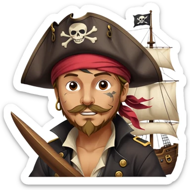 clash-of-clans-aesthetic_-cinematic-focused-pirate-bust-portrait-emoji, head slightly tilted with a determined, roguish expression and bold features, featuring a compact, spirited build with a jaunty hat and quirky bandana on tan skin, at the helm of a grand sailing ship complete with billowing sails and a tattered Jolly Roger flag fluttering dynamically in a tempestuous sea breeze. sticker