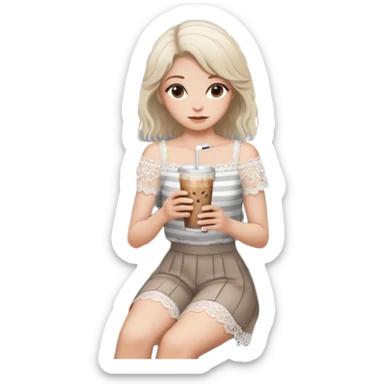 Minimalist girl holding an iced coffee in a chic cafe setting, white lace top, soft natural hair, modern gray striped wall, wooden bench, aesthetic and cozy mood ☕🌿🤍” sticker