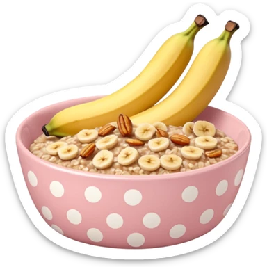 baked oats in a bowl like oat meal with a couple banana slices on top that look a little bit caramelised and a light pink bowl with white polka dots sticker