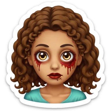 Create a zombie emoji inspired by a young woman with tanned skin, an oval face, large dark eyes, defined eyebrows, a small nose, and medium lips. Her hair should be long, curly, and brown.  sticker