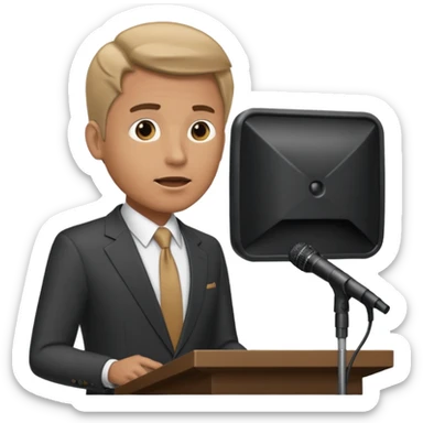 A man speaks into a microphone, and there is a prompter screen in front of him. sticker
