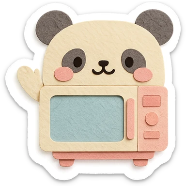 chibi-style microwave oven with panda features, blushing and waving, soft pastel palette, full-body sticker