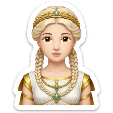 An emoji portrait of an ancient Roman princess. She wears a white stola dress with a gold-trimmed palla draped over her shoulders. She has an intricate braided hairstyle adorned with a delicate gold diadem. Her expression is calm and dignified. sticker