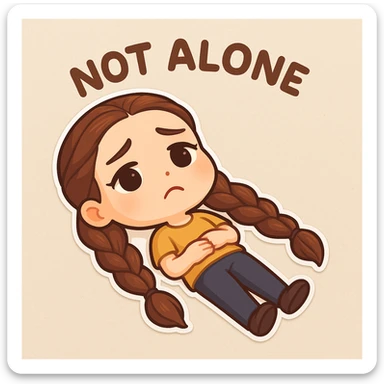 Create a chibi sticker of the girl from the reference image, lying on her back on the ground, looking sad, with a 'not alone' vibe, with long hair. sticker