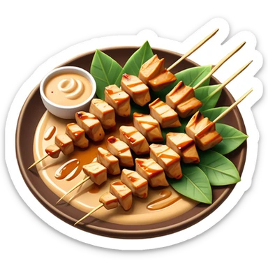 Cinematic Realistic Indonesian Chicken Satay Dish Emoji, depicted as succulent, marinated chicken skewers grilled to perfection with a subtle char, drizzled generously with a rich, creamy peanut sauce that glistens under warm, natural lighting. The vibrant textures of the tender meat and smooth, spicy sauce evoke the authentic flavors of Indonesian street food, rendered with lifelike detail and dynamic, appetizing lighting. sticker