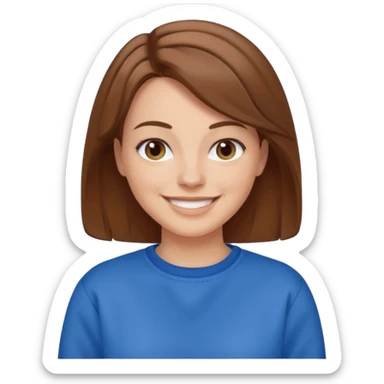 white woman with brown hair wearing a blue sweatshirt, smiling sticker