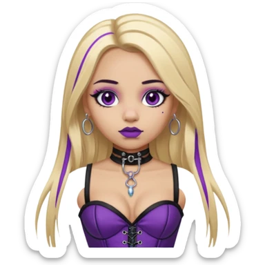 Ai light skin girl , who has straight long length blonde hair with heavy purple streaks , hazel eyes , and doll like makeup , with a septum piercing, nostril piercing, in a black corset emoji sticker