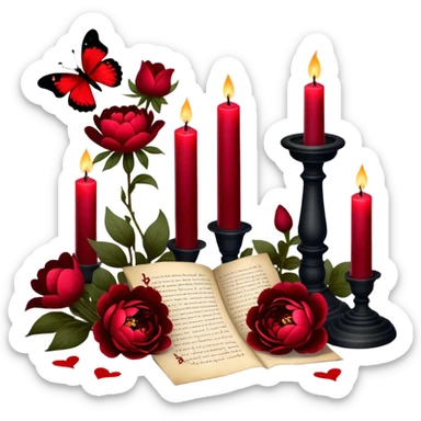 A mystical still life with blood-red candles casting flickering shadows over scattered love letters, their ink smudged with passion. Crimson butterflies rest on blackened crosses, while lush red peonies and pansies bloom in the dim candlelight. sticker