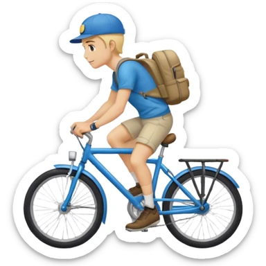 A blond guy in a cap and with a backpack on his back rides a blue bike sticker