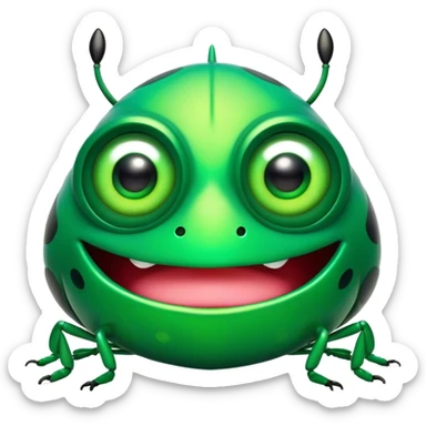 Cinematic Comical Green Bugdie Portrait Emoji, Head tilted dramatically with an exaggeratedly amused expression, featuring a striking, glossy emerald exoskeleton with bold patterns, wide, expressive multifaceted eyes filled with playful disbelief, Simplified yet hilariously expressive features, highly detailed, glowing with a slightly sassy glow, high shine, dramatic yet playful, stylized with an air of cheeky mischief, bright and endearing, soft glowing outline, capturing the essence of a spirited and over-the-top bug, so meme-worthy it feels like it could side-eye its way into internet fame instantly! sticker