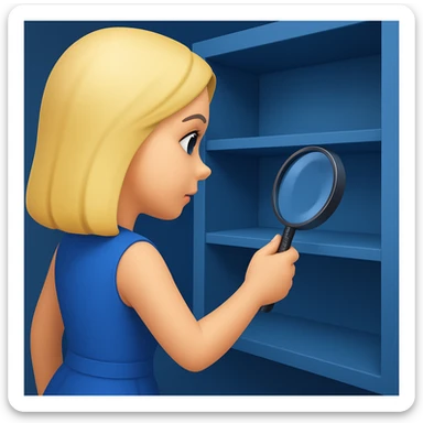 emoji of white empty shelf in perspective view with a standing woman nearby, she is looking at the shelfs with a magnifying glass, she is turned to the shelfs, emoji style, woman wearing a blue dress, adjust the perspective to be more dramatic sticker