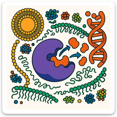 Ultra-detailed scientific illustration  (like in a school book) of enzyme digestion. Macro molecular view, clean white background, no text, no human figures or cartoon characters. Purely biological focus and really detailed and surrounding sticker