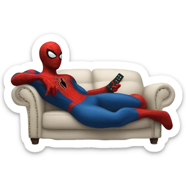 Spider-Man laying on a couch with a remote control in his hands sticker