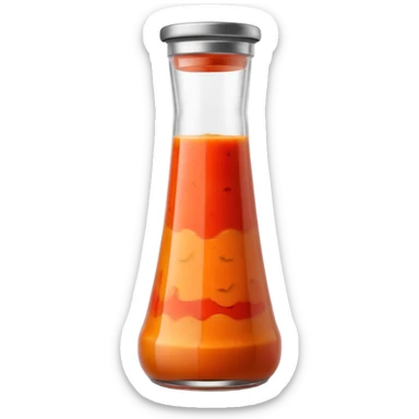 tall clear bottle filled with vibrant red-orange soup, slightly textured and opaque, soft ripples visible through the glass, chilled vegetable blend, capped with metal lid, no label or garnish, sealed bottle, apple emoji style, soft lighting, subtle shadows, transparent background, emoji scale sticker