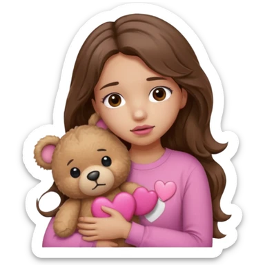 girl with long wavy brown hair, brown eyes, light to medium complexion, in a pink shirt, pink lips, long lashes, sad, hugging squeezing a teddy bear with heart band aid sticker